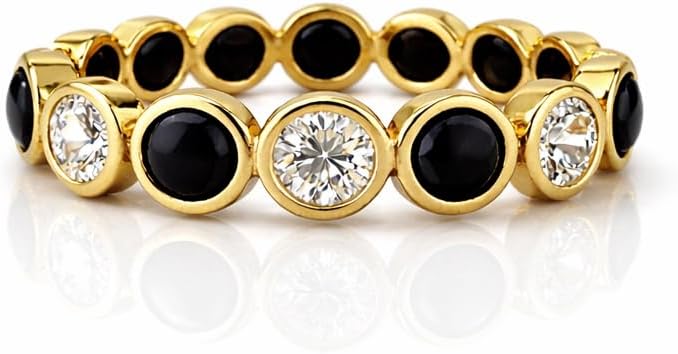 14K Yellow Gold Onyx & CZ Eternity Band Round Bezel Set Stackable Wedding Band Promise Jewelry For Woman Gift For Her