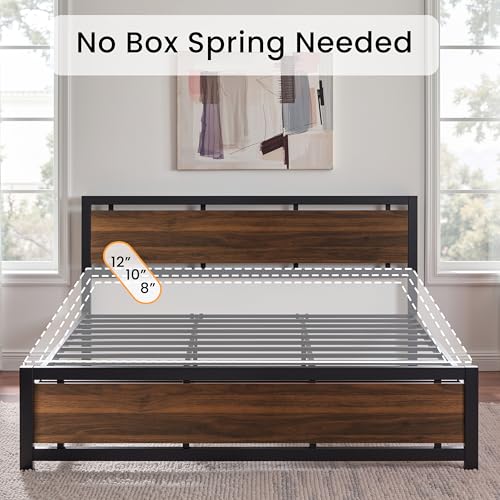 Image of LIKIMIO King Bed Frame with Headboard and Footboard, Metal Strong Supports, Easy Assembly, Noise-Free, No Box Spring Needed, Dark Walnut