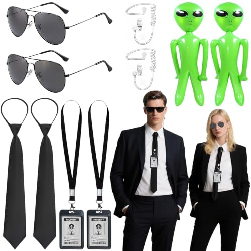 10Pcs Agent Costume Accessories Set Secret Agent Dress Up Kit with ID Holders Black Ties Sunglasses Earpieces Inflatable Green Aliens for Women Men Halloween Cosplay Carnival Fancy Dress Party Props