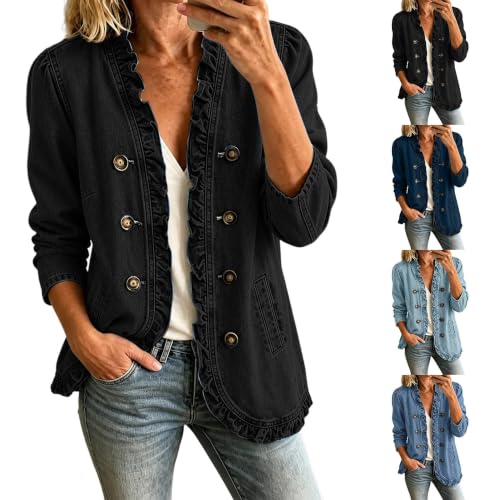 Jean Jacket Women Ruffle Trim Open Front Vintage Denim Jackets Button Down