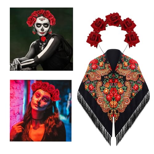 2Pcs Women's Mexican Scarf Wrap Tassel Printed Boho Shawl with Rose Flower Headband Day of the Dead Fiesta Halloween Costume2