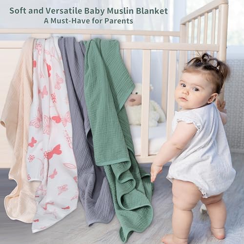Image of Muslin Swaddle Blankets for Newborn, 2 Pack Breathable Soft Receiving Blanket, Large 41 x 41 inches Swaddle Wrap Burping Clothes, Essentials Infant Shower Items. (Gray & Pink Butterfly)