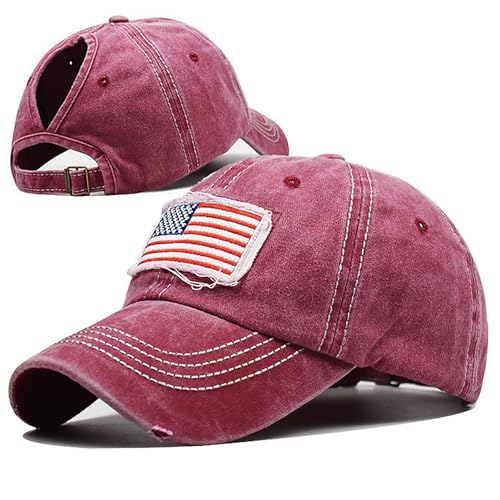 American Flag Ponytail Baseball Hats for Women Fashion Embroidered USA Flag Snabpack Hats for Men Washed Cotton Distressed Patriotic Baseball Cap for Women Red Denim Trucker Hat Unisex Running Hat