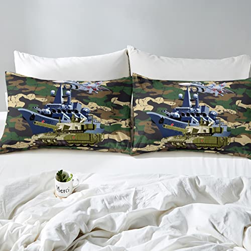 Feelyou Camouflage Comforter Set Camo Warship Tank Helicopter Teen Bedding Set For Kids Boys Girls 3D Army Vehicle Comforter Transport Decor Quilt Set Room 2Pcs Twin Size #TOP3