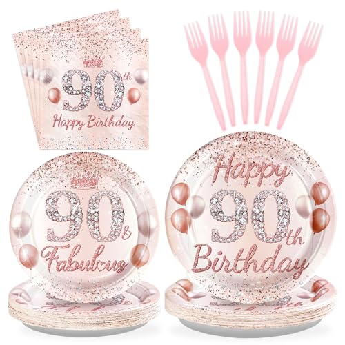Grencian 96 Pcs 90th Birthday Party Supplies for Women Rose Gold 90 Years Old Paper Plates and Napkins Tableware Set Disposable 90th Birthday Decorations for Ladies Women 90 Years Old Party Serves 24