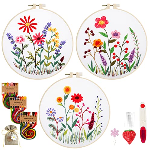 TuxFezug 刺繍キット 刺繍セット 刺しゅう 手作り 刺繍セット DIY ししゅう クロスステッチ 刺繍工具セット 刺繍 ししゅうキット 初心者セット 刺繍枠 刺繍糸 刺繍針 刺繍用布 はさみ おしゃれ 贈り物 日本語取り扱い説明書 (カラー 花 ３セット)の商品画像（Amazon）