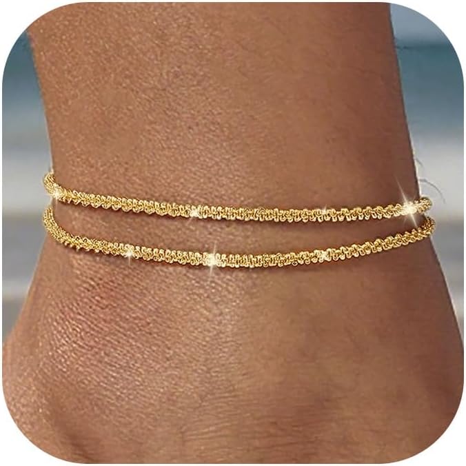 Tewiky Sterling Silver Plated Ankle Bracelets for Women,Dainty Layered Waterproof Anklet for Women Adjustable Sparkly Herringbone Beaded Rope Chain Set Stackable Cute Summer Beach Jewelry Gift