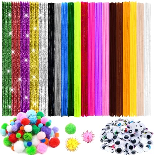 TOAOB 500 Pezzi Scovolini Ciniglia Steli per Lavoretti Colorati Pipe Cleaner Autoadesivo Occhi Adesivi e Pompom Pompon per Natale Decorazion Artigianato Arti Decorativi Fai da Te