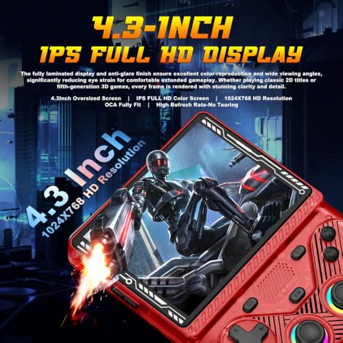 Image of RG43V Pro Retro Handheld Game Console, 4.3 Inch IPS Screen, Portable Open Source Dual System with RK3562 CPU,with 64GB TF Card, Support WiFi Networked Fighting, HDMI TV Output(Transparent Red64G)