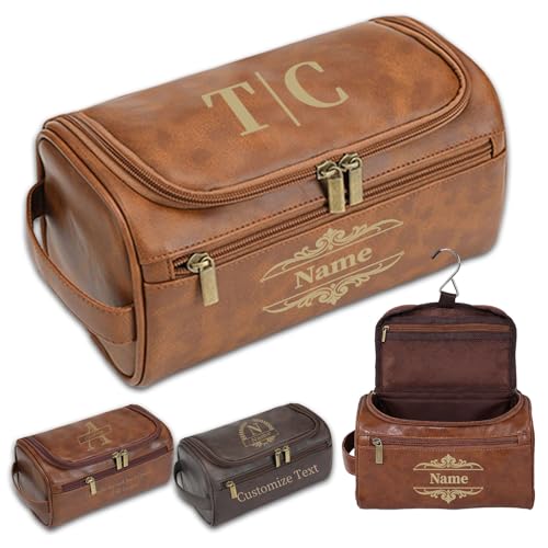 Personalizzata Beauty Uomo, Beauty Case da Viaggio, Idea Regalo per Uomo, Borsa da Toilette in Pelle, Papà o Nonno, San Valentino, Compleanno (Marrone chiaro)