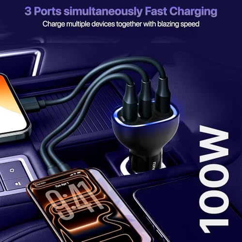 Image of DR VAKU 100W Car Charger Fast Charging Triple Port Dual 2X Type C PD PPS + QC 3.0 USB Car Mobile Laptop Adapter for iPhone 17 /16 /15 /14 /13 etc, Samsung All Series, Tablets, & Android Smartphones