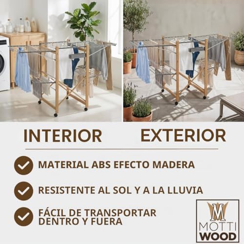 Miniatura 5 de Mottiwood Stendibiancheria Plegable Xxl, 4 Alas Laterales, Maxi Stendino Plegable Y Ahorrador De Espacio, 25kg De Ropa, Stendi Para Interior Y Exterior, 176 X 60 X 104 H Cm, 4 Ruedas Giratorias