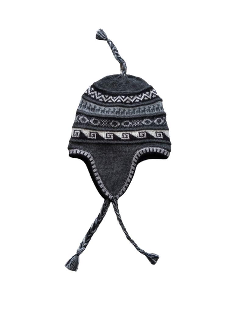 Unisex Chullo Mütze Strickmütze Alpakawolle dick gestrickt grau mit Vlies gefüttert Inka Muster Einheitsgröße