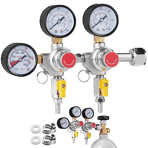VEVOR CO2 Regulator Gauge with 0-60PSI, Heavy Duty CO2 Gauge Gas System, Draft Beer Regulator with Check Valve, Adjustable Pressure Regulator for Draft Beer Homebrew (Triple Gauge Regulator)