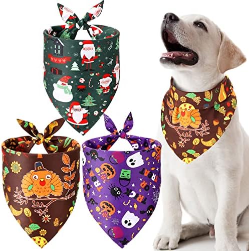 Xuniea 3 Pack Festival Dog Bandana Holiday Bandanas Soft Triangle Adjustable Bibs Washable Halloween for Christmas and Thanksgiving Small Medium Large Dogs Cats Pets