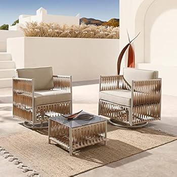 Alternative view of Art Leon 3 Piece Patio Conversation Set, Outdoor Twisted PE Rattan Wicker Bistro Table and Chairs, 2 Swivel Rocking Chairs and Glass Top Side Table, Khaki