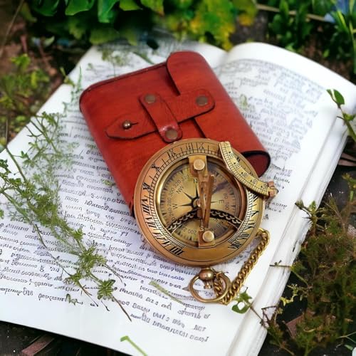 Brújula de bolsillo de latón con reloj de sol y estuche de cuero, herramienta náutica vintage para aventuras al aire libre y coleccionistas miniatura 3