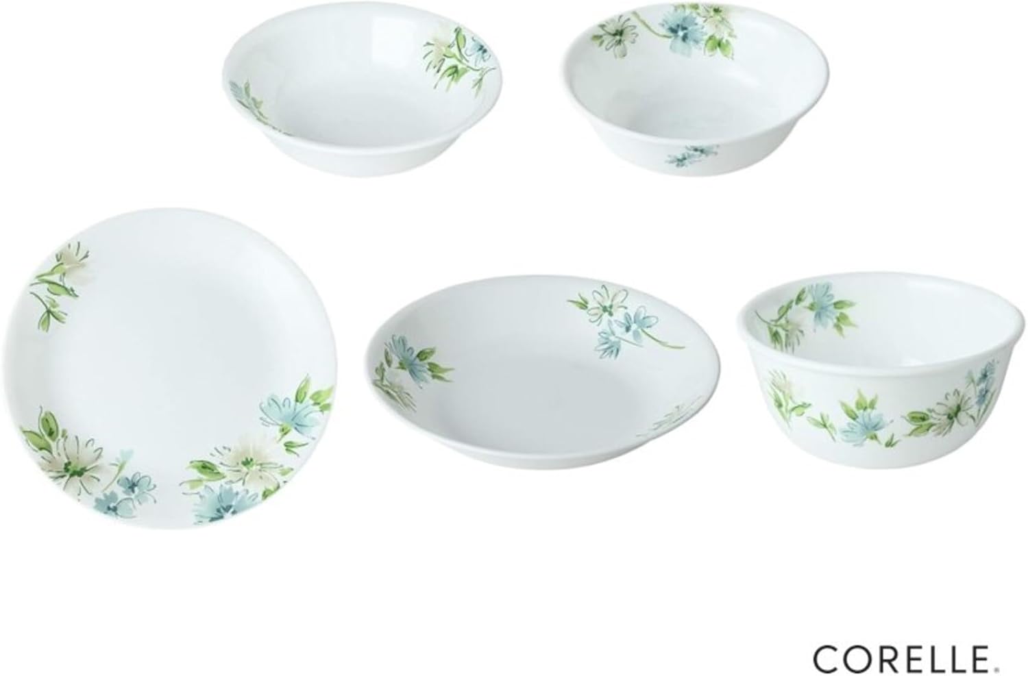 Corelle CP-8943 Daily Fairy Flora 5-Piece Set, Medium Plate, Deep Plate, Medium Bowl, Small Bowl, Variable Bowl, Break-Resistant, Lightweight, Microwave Safe, Oven Safe, Dishwasher Safe