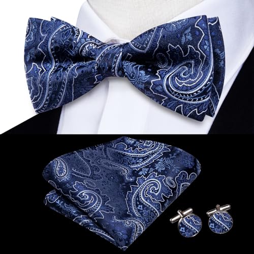 Image of Hi-Tie Bow Ties for Men Pre-Tied Pocket Square with Cufflinks Mens Bowtie Sets for Wedding Formal Party