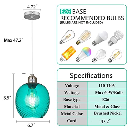 SHENGQINGTOP Modern Teal Glass Pendant Light Brushed Nickel Mini Aqua Glass Globe Pendant Lighting Fixture for Kitchen Island Sink Counter Bar Living Room - Image 4