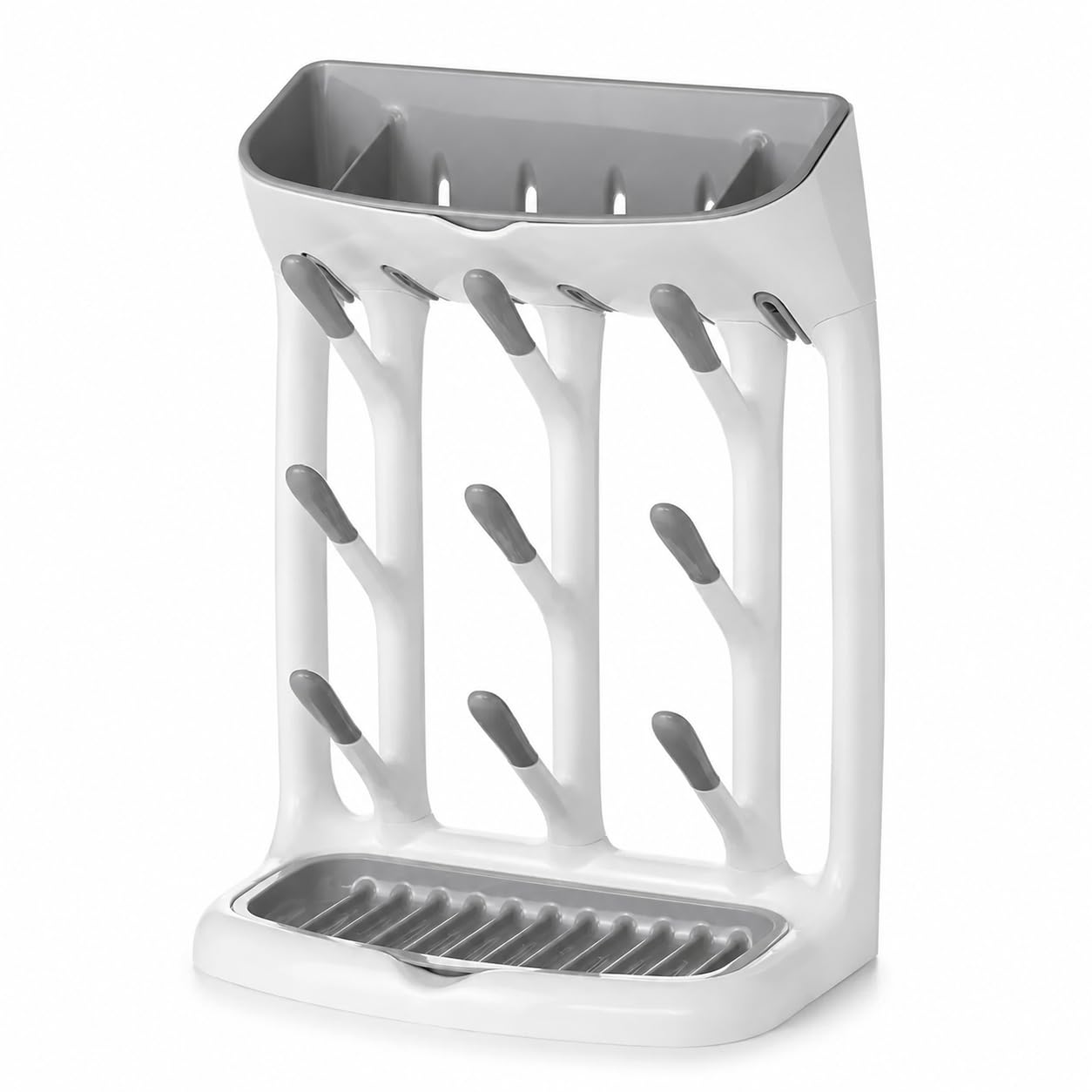Joueainou Baby Bottle Drying Rack, Large Capacity Bottle Dryer with Leak-Proof Drip Tray, Food-Grade BPA-Free Nursery Organiser for Bottles, Teats & Pump Parts, Gift Box for New Parents, Grey & White
