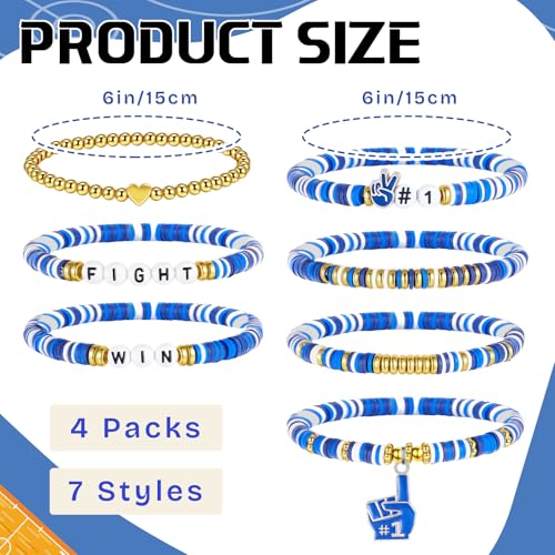 28 Pcs Football Game Day School Spirit Items Bracelets - 7 Styles Sport Stackbale Stretch Clay Blue Beaded Bracelet Team Spirit Bangles - Football Mom Accessories Outfits Jewelry Gifts2