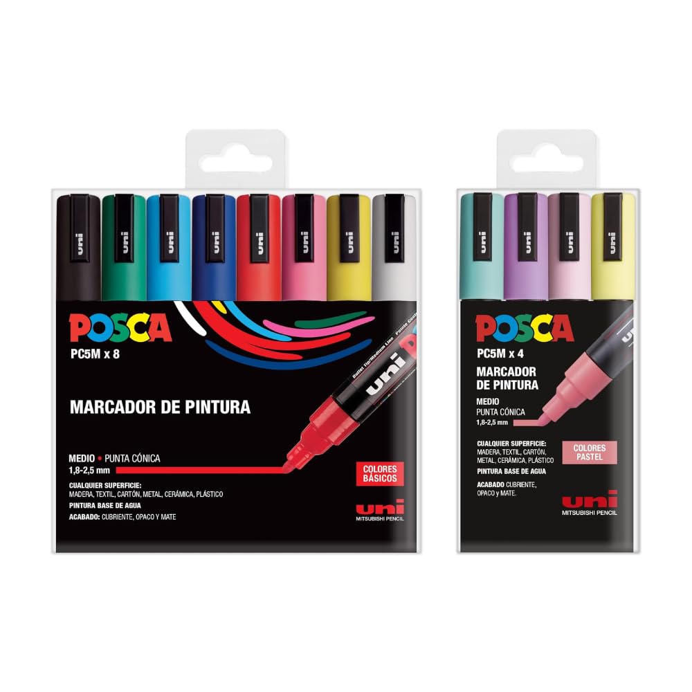 POSCA PC-5M - Set of 12 Medium Tip Markers - 8 Basic Colors + 4 Pastel Colours - Permanent Acrylic Ink for Paper, Wood, Glass, Fabric, Stone and More