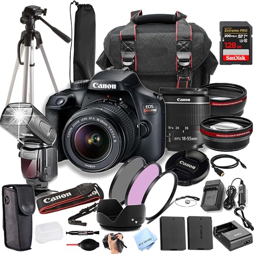 Canon Rebel T100 (EOS 4000D) w/18-55mm + 128GB Extreme Speed Card, Camera Case, Tripod,TTL Speedlite, Spare Battery, Filter Kit, and More (Extreme Pro-Bundle), Black (Renewed)