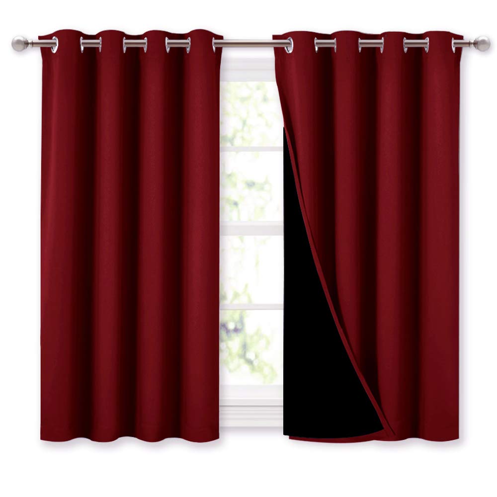 NICETOWN Kitchen Full Blackout Curtain Panels, Super Thick and Soft Insulated Window Covers, 100% Blackout Draperies with Black Backing for Cafe Window (Burgundy Red, Set of 2 PCs, 52 by 45-inch)