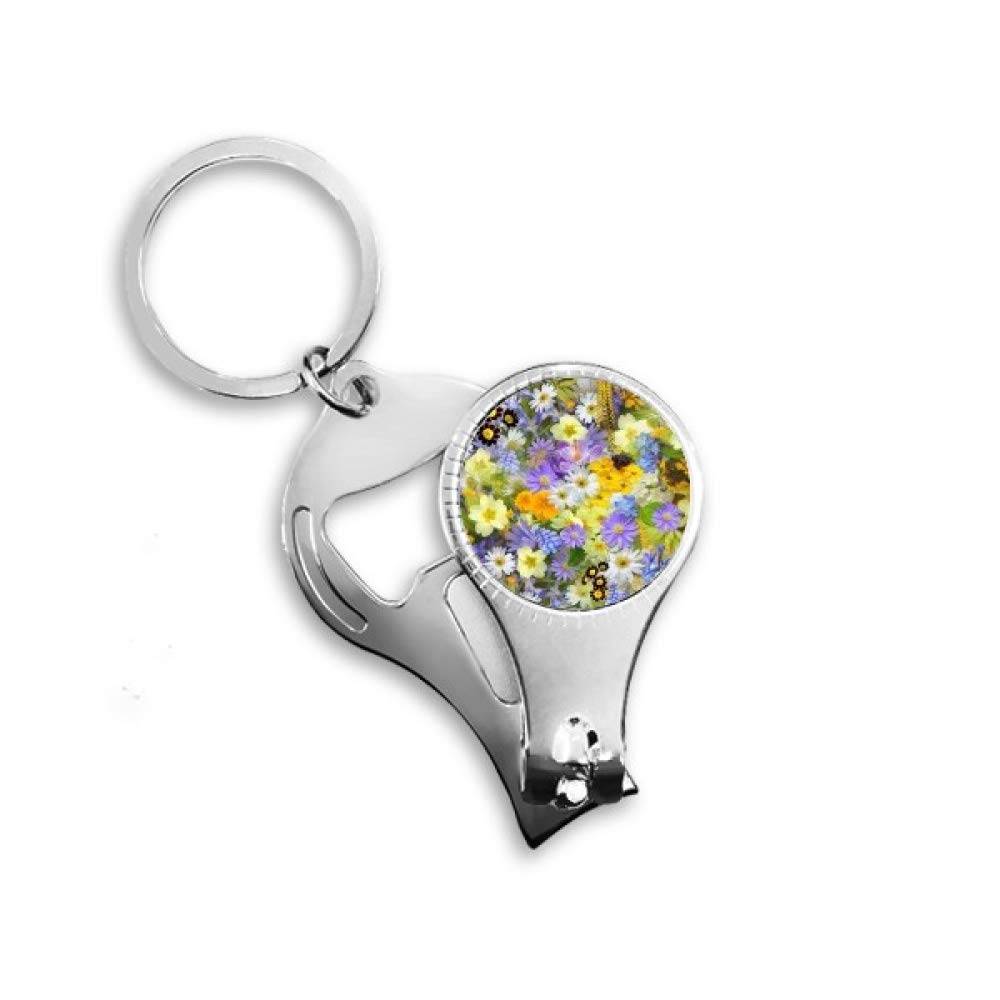 Yellow Blue Flowers Shrubs Nail Nipper Ring Key Chain Bottle Opener Clipper