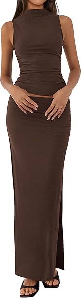 BTFBM Summer Two Piece Skirt Set for Women 2025 Dressy Lightweight Sleeveless Knit Top Going Out Split Maxi Skirt Set