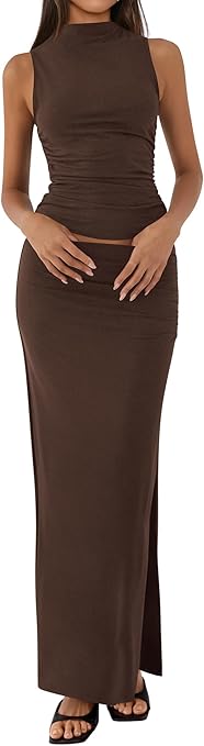 BTFBM Summer Two Piece Skirt Set for Women 2025 Dressy Lightweight Sleeveless Knit Top Going Out Split Maxi Skirt Set