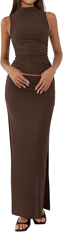 BTFBM Summer Two Piece Skirt Set for Women 2025 Dressy Lightweight Sleeveless Knit Top Going Out Split Maxi Skirt Set
