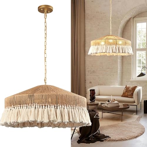 Image of Boho Pendant Light Fixture Bamboo Hanging Light Rattan Woven Wicker Shade Chandelier for Dining Living Bedroom Kitchen Farmhouse Round Raffia Lamp (Bulb not Included)