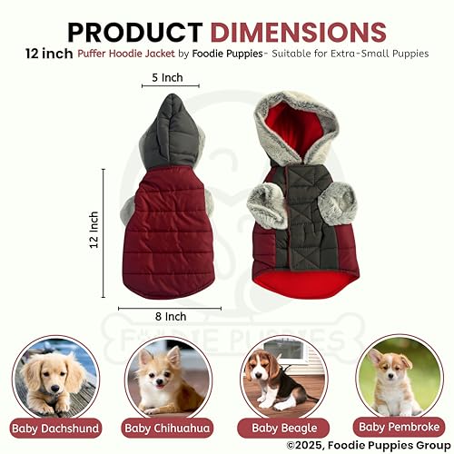 Image of Foodie Puppies Dog Puffer Hoodie Warm Winter Jacket - (Maroon Grey, 12 Inch) for Extra Small and Puppies | Ultra Warm Waterproof & Windproof Fur Coat | Washable Pet Vest Apparel for Cold Weather