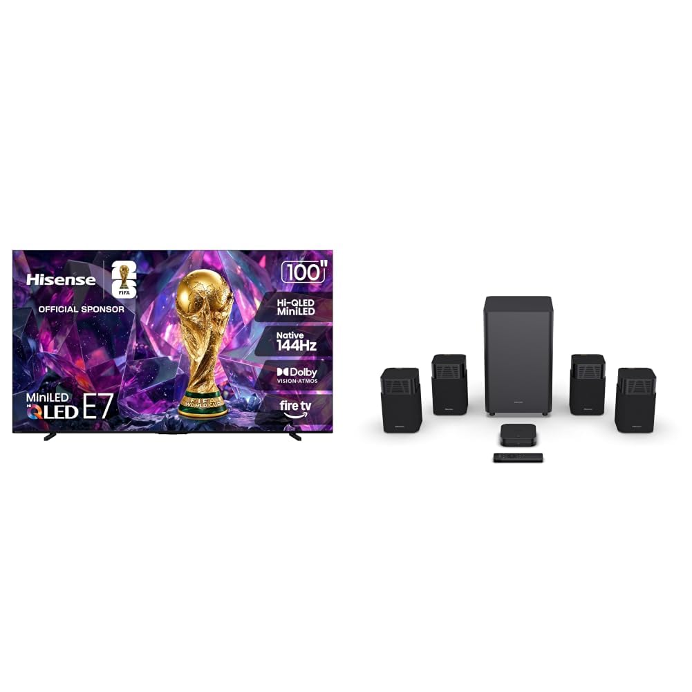 Hisense 100" E7 Cinema Series Mini-LED 4K UHD Smart Fire TV (100E7SF, 2026) with HT Saturn 4.1.2ch Soundbar, Dolby Vision IQ · Atmos, DTS:X, 144Hz, Wireless Subwoofer