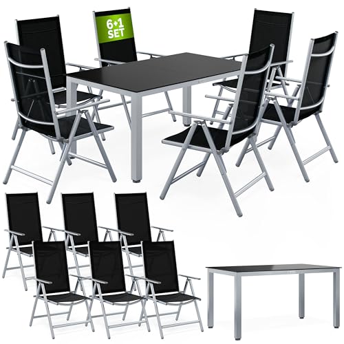 Casaria® Gartenmöbel Set 6 Stühle mit Tisch 150x90cm Aluminium Sicherheitsglas Wetterfest Klappbar Modern Terrasse Balkon Möbel Sitzgruppe Garnitur Bern