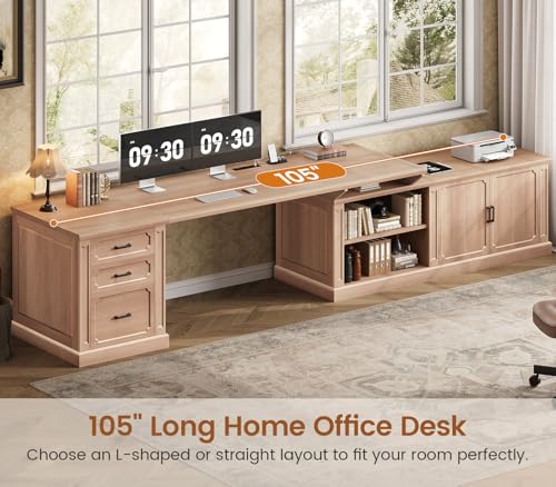 Image of SEDETA Farmhouse L Shaped Desk with Drawers, 70.9 inch Home Office Desk with Storage Cabinet and Storage Shelves, L Shaped Computer Desk with Power Outlet,Oak