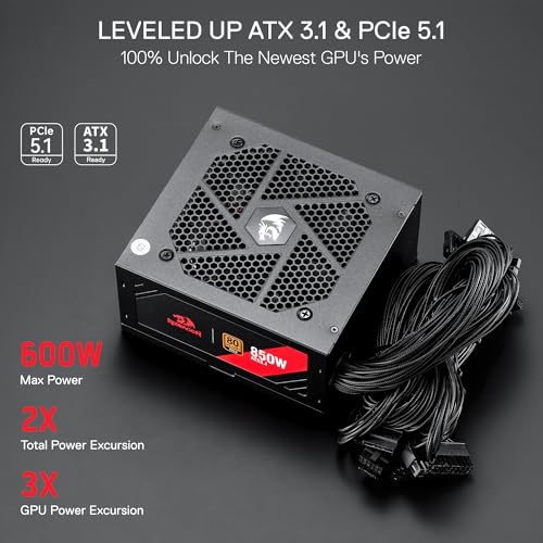 Image of Redragon RGMS-850W PRO 80+ Gold 850 Watt Power Supply w /ATX 3.1 & PCIe 5.1 Ready, Non-Modular Active PFC, Compact 150mm Size, 120mm Low Noise Fan, 100% Japanese Capacitors