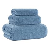 MICROFI Ring Spun Terry Microfiber Bath Towel Set, 3 Piece, Oversize, Quick Dry, Lint Free, Includes Bath, face, and Hand Towels (Blue)