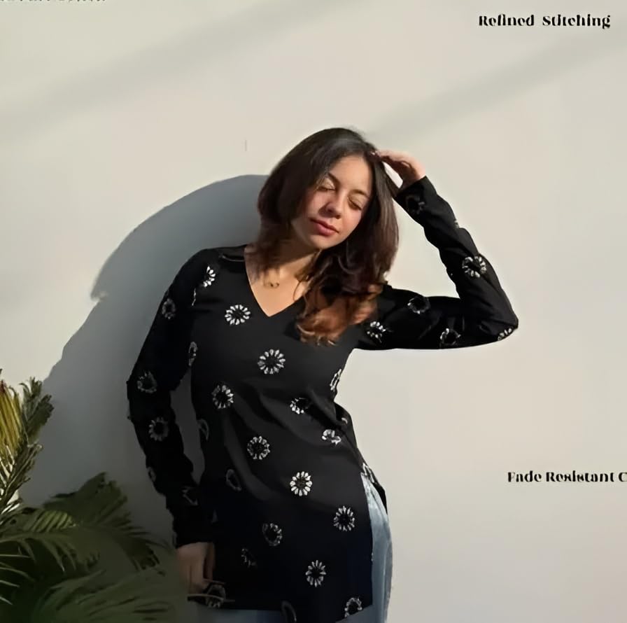 Image of SAICHA Women's Floral Print V-Neck Long Sleeve Casual Short Kurti Top