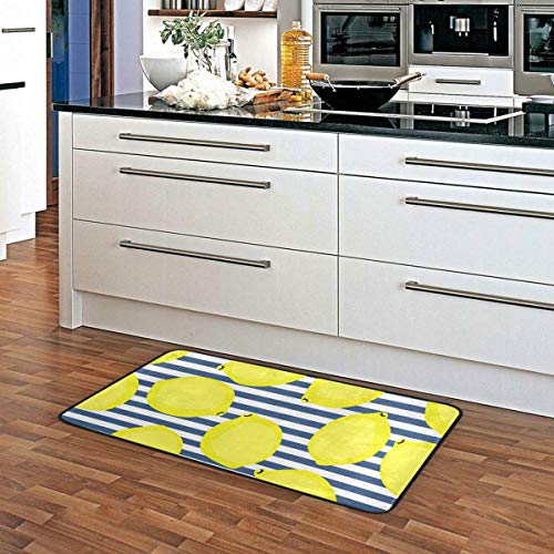 Kitchen Rugs Yellow Lemons With Blue Stripes Design Non-Slip Soft Kitchen Mats Bath Rug Runner Doormats Carpet For Home Decor, 39" X 20" #TOP1