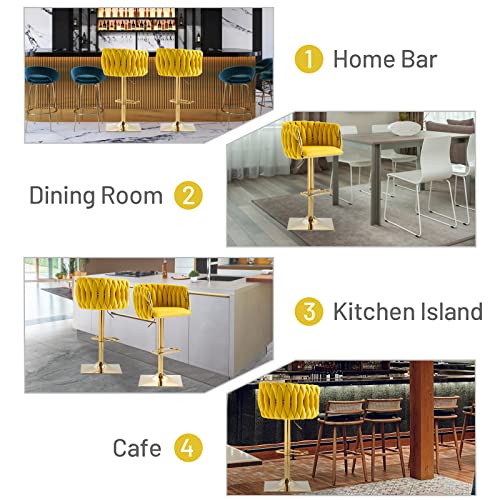 Modern-Velvet-Swivel-Bar-Stools-Hand-Woven-Backrest-Comfy-Adjustable-Counter-Height-Barstools-with-Gold-Square-Base-for-Counter-Kitchen-Island-Cafe-Pub-Set-of-4-Mustard Modern Velvet Swivel Bar Stools Hand Woven Backrest Comfy Adjustable Counter Height Barstools with Gold Square Base for Counter Kitchen Island Cafe Pub Set of 4 Mustard