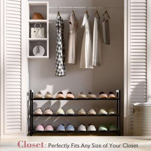 Image of Bumusty 3-Tier Expandable Shoe Rack for Closet, 18 inch-33 inch Adjustable Shoe Rack for Small Space, Small Shoe Organizer for Front Door, Sturdy Metal, Black