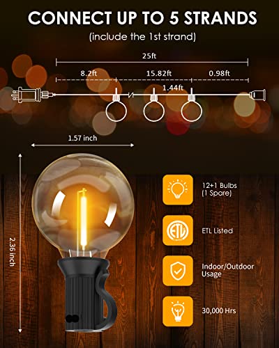 Yuusei Outdoor String Lights Remote Control, 25Ft Dimmable Led Patio Light With 12+1 Shatterproof G40 Bulbs, Ip45 Waterproof Linkable Hanging Lights Cafe Light, 4 Light Modes, 2700K, E12 Socket Base #TOP1