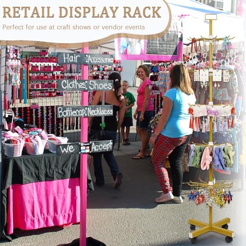 Image of Retail Display Stand 5 Tier Metal Spinning Display Rack with Wheels Keychain Jewelry Stocking Hat Display Stand with Hooks for Malls, Showroom, Retail Store (Gold)