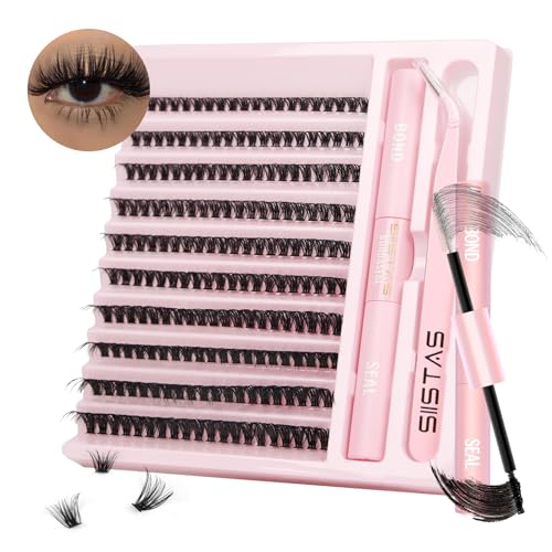 DIY Lash Extension Kit,200pcs Lash Clusters Individual Lashes Eyelash Extension Kit D Curl Volume Cluster Eyelashes with Lash Bond and Seal and Lash Tweezers,Application at Home Lash Extension Kit(50D