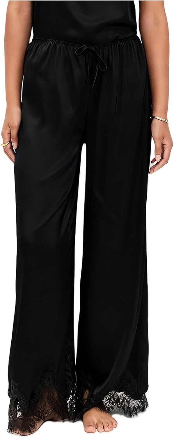 Women Satin Silk Wide Leg Pants Loose Elastic Low Waist Lace Hem Dress Pants Baggy Holiday Going Out Pants