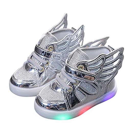 Gymnastikskor flickor LED blinkande skor barnskor barn sportskor pojkar baby utomhus sneakers vinge gymnastikskor halkfria sportskor unisex, silver, 27