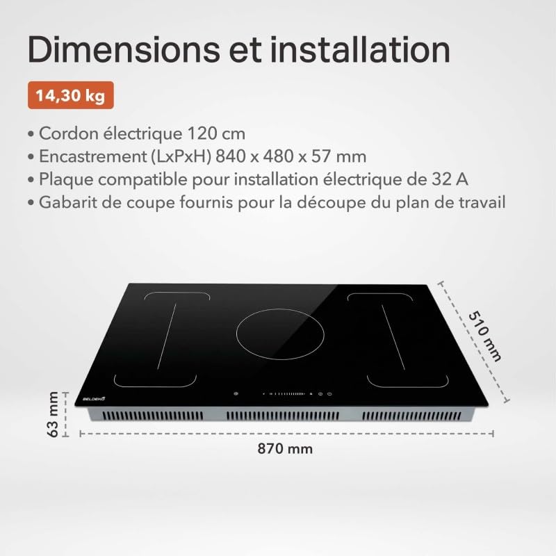 BELDEKO Piano cottura a induzione a 5 fuochi 10300 W - Doppia zona Flex - Central Foyer XXL - Controllo Touch Slider - Booster - Tavolo da incasso ad alte prestazioni